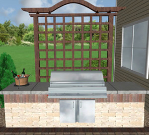 Digital 3D rendering of an outdoor grill and trellis