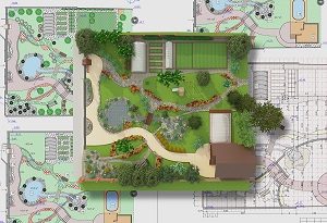 Landscape design plan including 3D rendering.