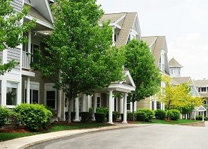 Apartment buildings with spring trees and landscaping.