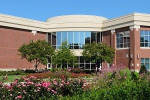 Office building front with attractive landscaping