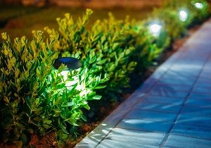 Solar lanterns lighting a path by a business.