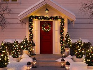 Front porch decorated for the Holidays