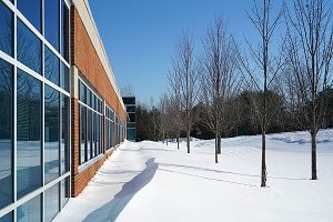 exterior of an office building after a storm